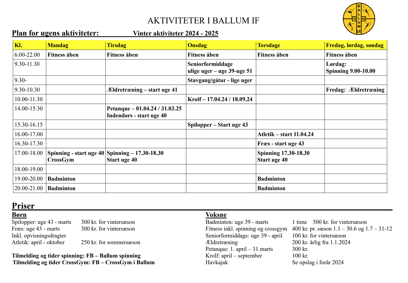 Ballum IF´s aktiviteter og kontakt personer